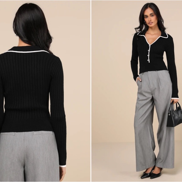 LULUS Chic Black and White Long Sleeve Ribbed Knit Cozy Casual Cardigan - Picture 3 of 5